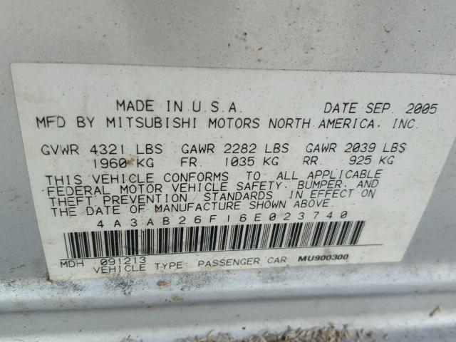 4A3AB26F16E023740 - 2006 MITSUBISHI GALANT DE SILVER photo 10