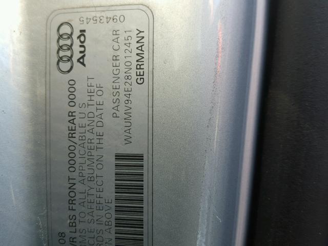 WAUMV94E28N012451 - 2008 AUDI A8 L QUATT SILVER photo 10