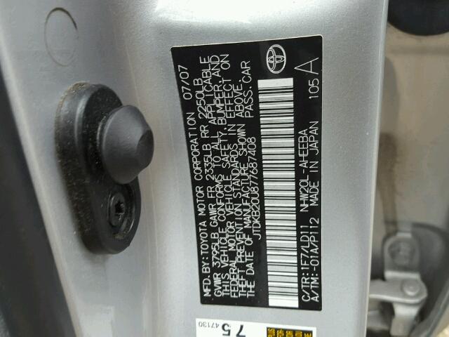 JTDKB20U877687408 - 2007 TOYOTA PRIUS SILVER photo 10