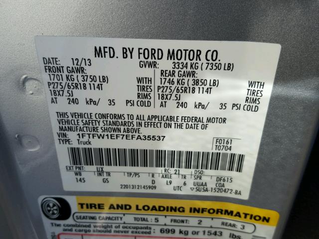 1FTFW1EF7EFA35537 - 2014 FORD F150 SUPER SILVER photo 10