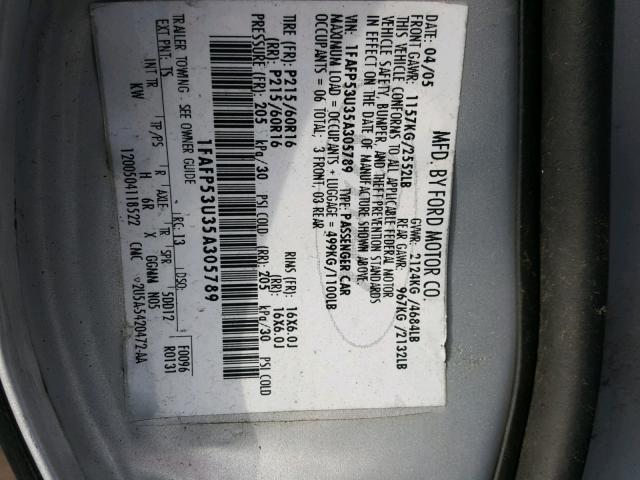 1FAFP53U35A305789 - 2005 FORD TAURUS SE SILVER photo 10