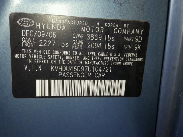 KMHDU46D97U104721 - 2007 HYUNDAI ELANTRA GL BLUE photo 10