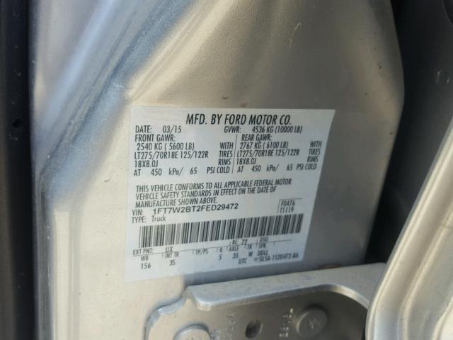 1FT7W2BT2FED29472 - 2015 FORD F250 SUPER SILVER photo 10