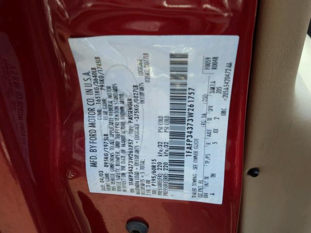 1FAFP34373W261757 - 2003 FORD FOCUS SE C RED photo 10