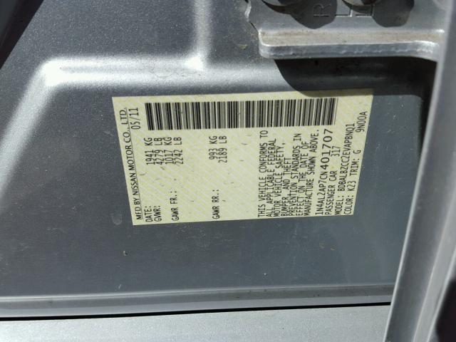 1N4AL2AP7CN401707 - 2012 NISSAN ALTIMA BAS SILVER photo 10