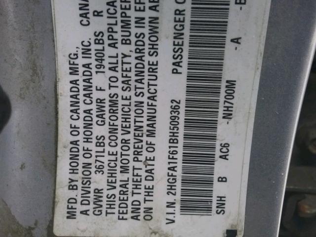 2HGFA1F61BH509362 - 2011 HONDA CIVIC LX-S Արծաթագույն լուսանկար 10