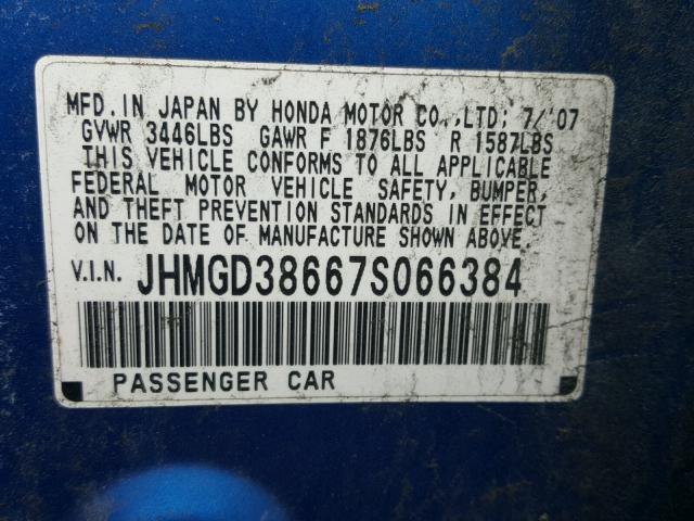 JHMGD38667S066384 - 2007 HONDA FIT S 蓝色 照片 10