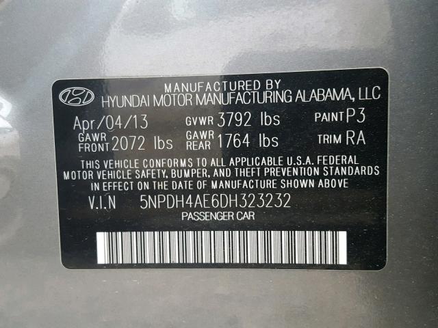 5NPDH4AE6DH323232 - 2013 HYUNDAI ELANTRA GL GRAY photo 10