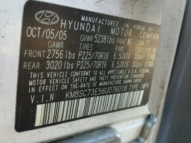 KM8SC73E56U076018 - 2006 HYUNDAI SANTA FE G WHITE photo 10