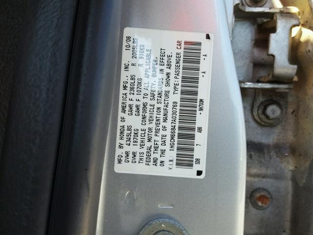 1HGCM66847A030769 - 2007 HONDA ACCORD EX GRAY photo 10