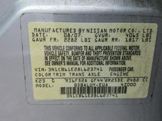 3N1CB61E28L623741 - 2008 NISSAN SENTRA SE- SILVER photo 10