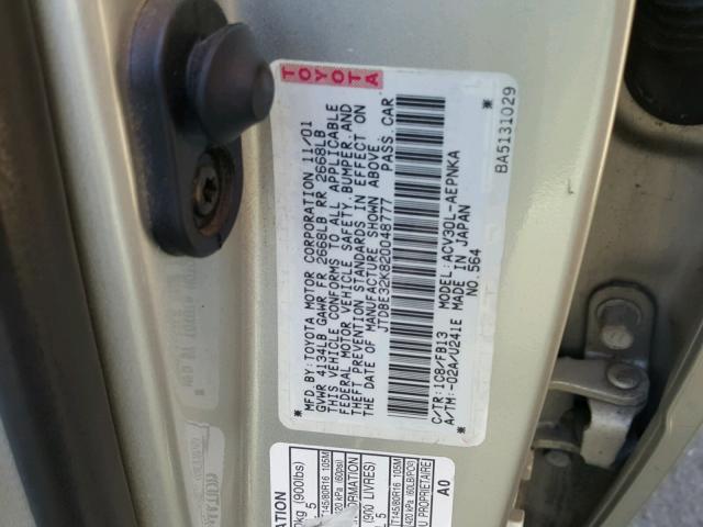 JTDBE32K820048777 - 2002 TOYOTA CAMRY LE GRAY photo 10