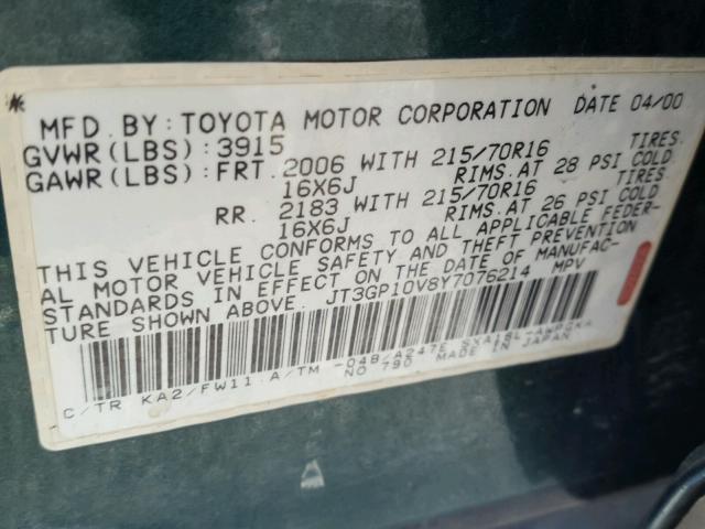 JT3GP10V8Y7076214 - 2000 TOYOTA RAV4 GREEN photo 10