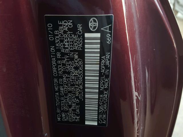 JTDJT4K39A5306287 - 2010 TOYOTA YARIS BURGUNDY photo 10