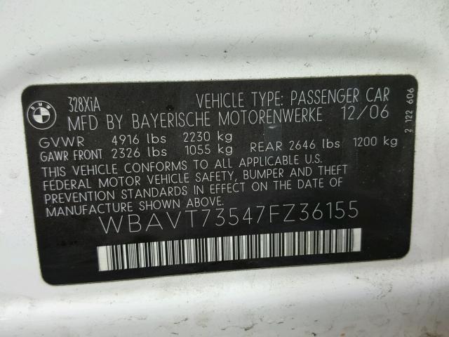 WBAVT73547FZ36155 - 2007 BMW 328 XIT WHITE photo 10