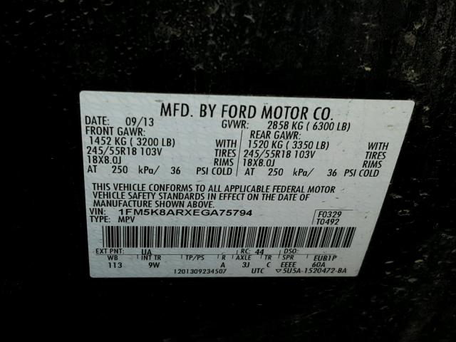 1FM5K8ARXEGA75794 - 2014 FORD EXPLORER P BLACK photo 10