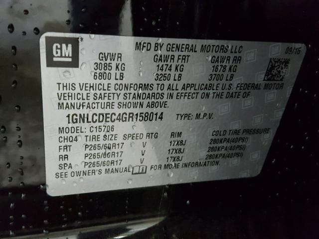 1GNLCDEC4GR158014 - 2016 CHEVROLET TAHOE POLI BLACK photo 10