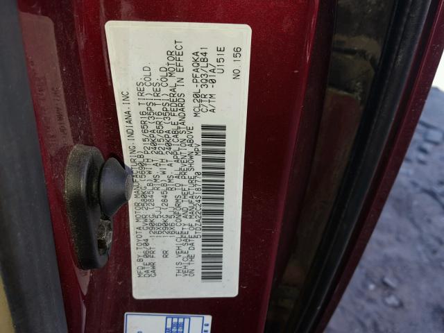 5TDZA22C24S187770 - 2004 TOYOTA SIENNA XLE RED photo 10