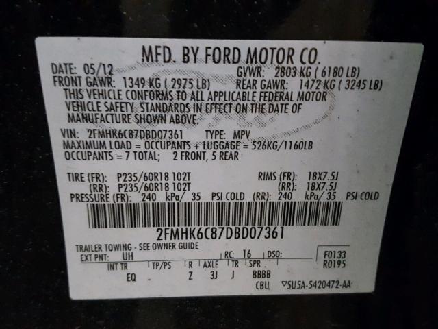 2FMHK6C87DBD07361 - 2013 FORD FLEX SEL BLACK photo 10