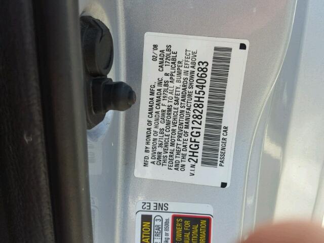 2HGFG12828H540683 - 2008 HONDA CIVIC EX ვერცხლისფერი ფოტო 10