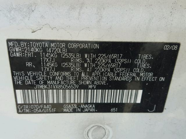 JTMBK31VX85056539 - 2008 TOYOTA RAV4 LIMIT WHITE photo 10