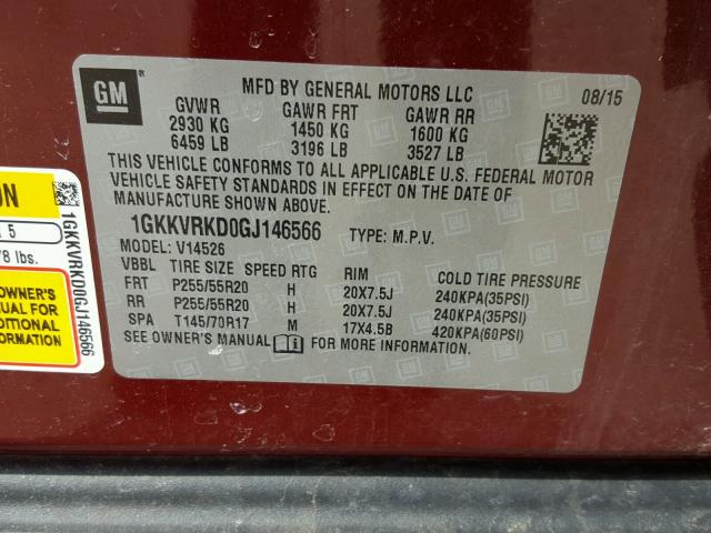1GKKVRKD0GJ146566 - 2016 GMC ACADIA SLT წითელი ფოტო 10