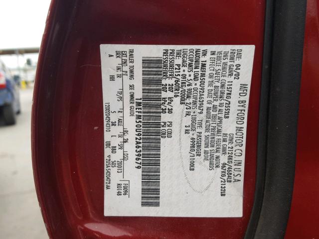 1MEFM50U92A639679 - 2002 MERCURY SABLE GS MAROON photo 10