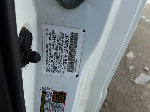 2HGFG1B92AH520741 - 2010 HONDA CIVIC EXL WHITE photo 10