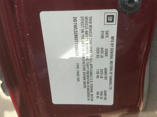 2G1WL52M3T1158459 - 1996 CHEVROLET LUMINA BURGUNDY photo 10