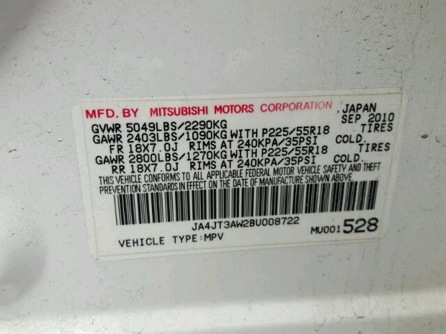 JA4JT3AW2BU008722 - 2011 MITSUBISHI OUTLANDER WHITE photo 10