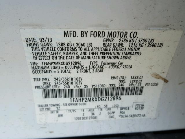 1FAHP2MKXDG212896 - 2013 FORD TAURUS POL WHITE photo 10