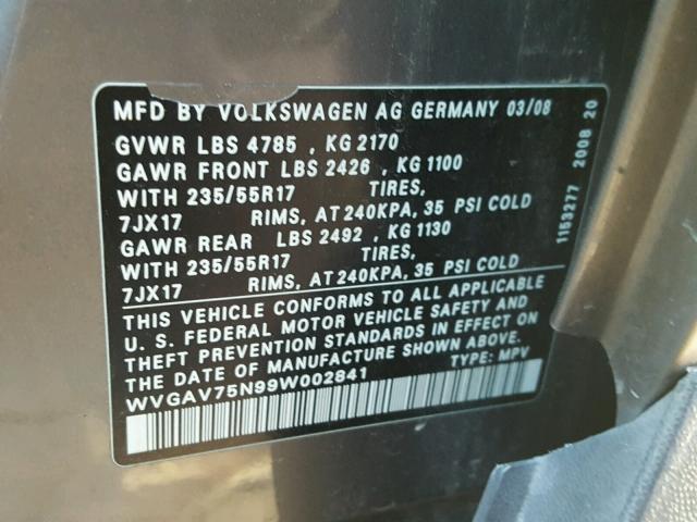 WVGAV75N99W002841 - 2009 VOLKSWAGEN TIGUAN S GRAY photo 10