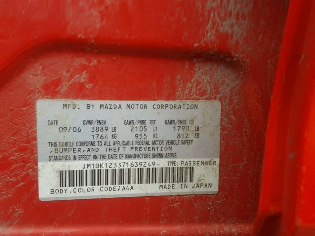 JM1BK123371639249 - 2007 MAZDA 3 S RED photo 10