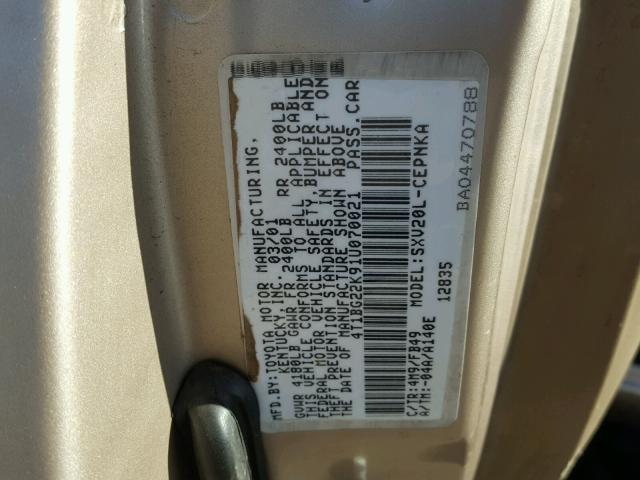 4T1BG22K91U070021 - 2001 TOYOTA CAMRY CE TAN photo 10