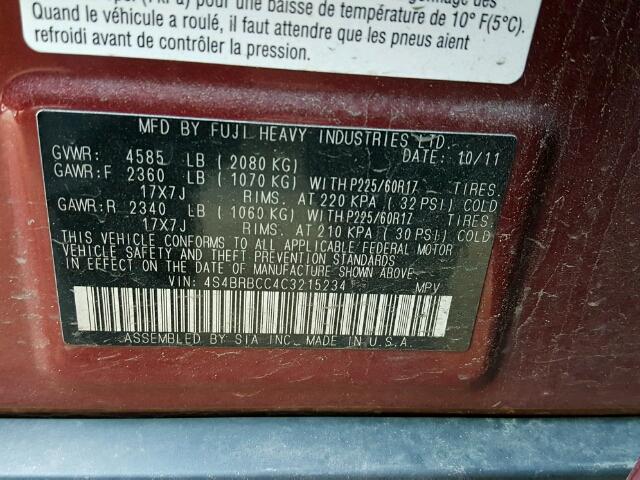 4S4BRBCC4C3215234 - 2012 SUBARU OUTBACK MAROON photo 10