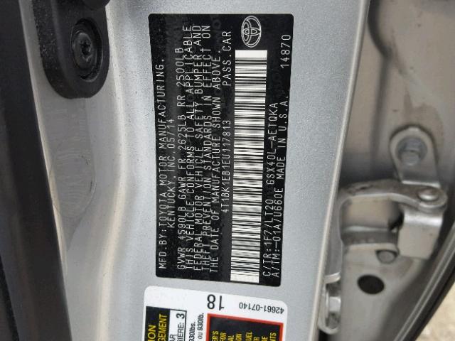 4T1BK1EB1EU117813 - 2014 TOYOTA AVALON BAS 银色 照片 10