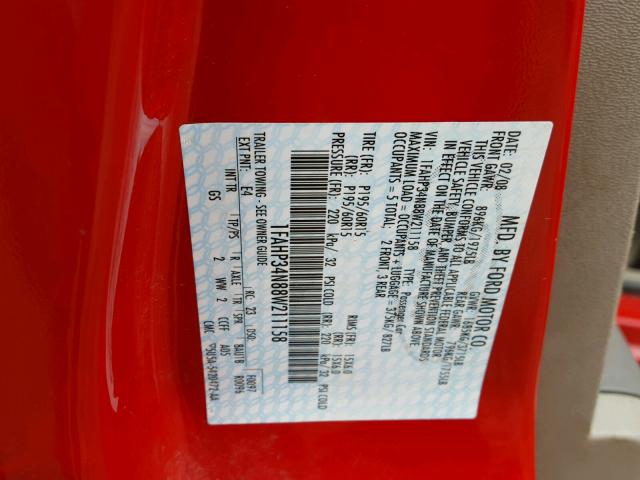 1FAHP34N88W211158 - 2008 FORD FOCUS S/SE RED photo 10