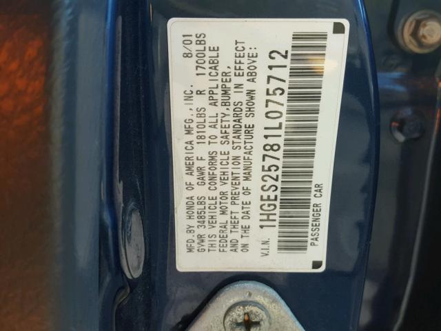 1HGES25781L075712 - 2001 HONDA CIVIC EX Mavi foto 10