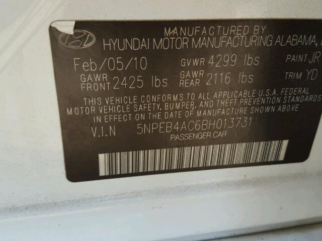 5NPEB4AC6BH013731 - 2011 HYUNDAI SONATA GLS WHITE photo 9