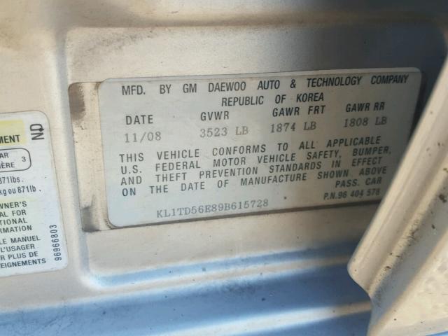 KL1TD56E89B615728 - 2009 CHEVROLET AVEO LS SILVER photo 10