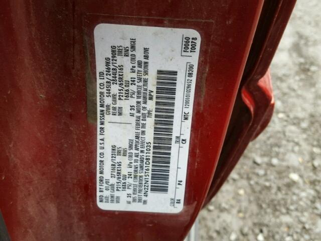 4N2ZN15T61D811035 - 2001 NISSAN QUEST GXE RED photo 10