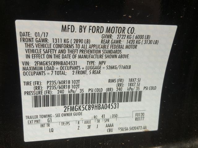 2FMGK5C89HBA04531 - 2017 FORD FLEX SEL BLACK photo 10