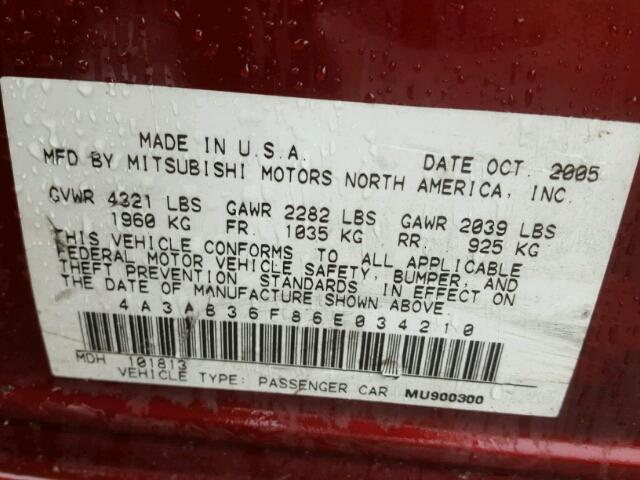 4A3AB36F86E034210 - 2006 MITSUBISHI GALANT ES RED photo 10