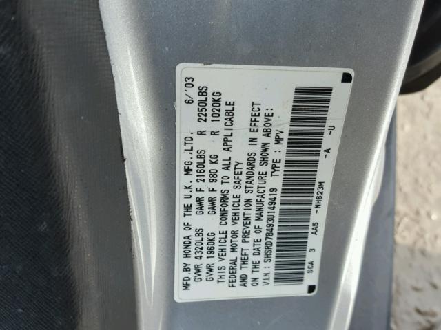 SHSRD78493U149419 - 2003 HONDA CR-V LX SILVER photo 10