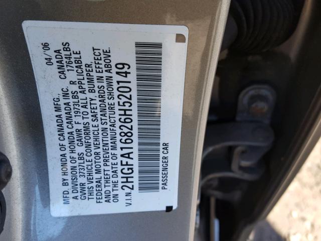 2HGFA16826H520149 - 2006 HONDA CIVIC EX Qızıl foto 10