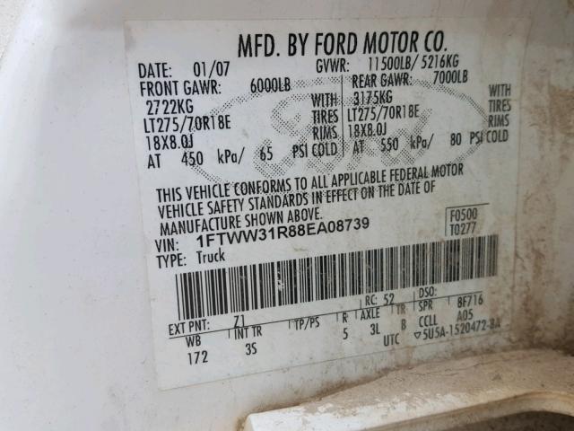 1FTWW31R88EA08739 - 2008 FORD F350 SRW S WHITE photo 10