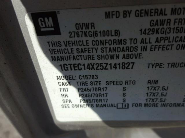 1GTEC14X25Z141827 - 2005 GMC NEW SIERRA SILVER photo 10