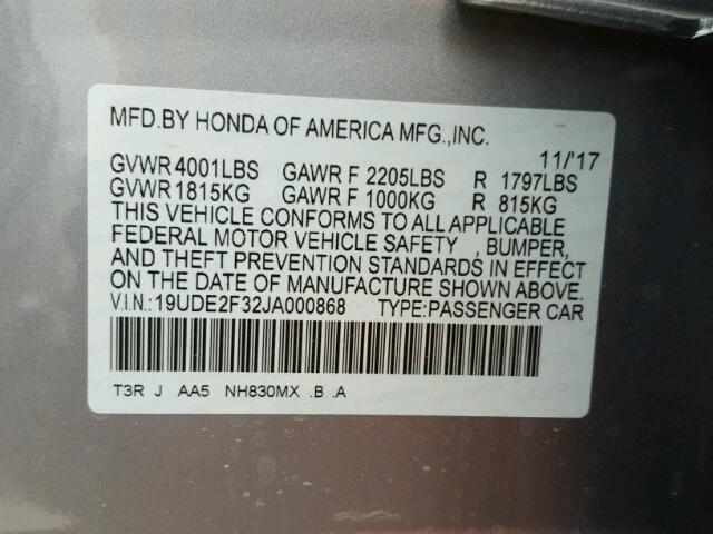 19UDE2F32JA000868 - 2018 ACURA ILX BASE Boz foto 10