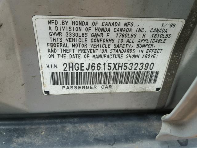 2HGEJ6615XH532390 - 1999 HONDA CIVIC BASE SILVER photo 10