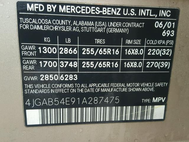 4JGAB54E91A287475 - 2001 MERCEDES-BENZ ML 320 TAN photo 10